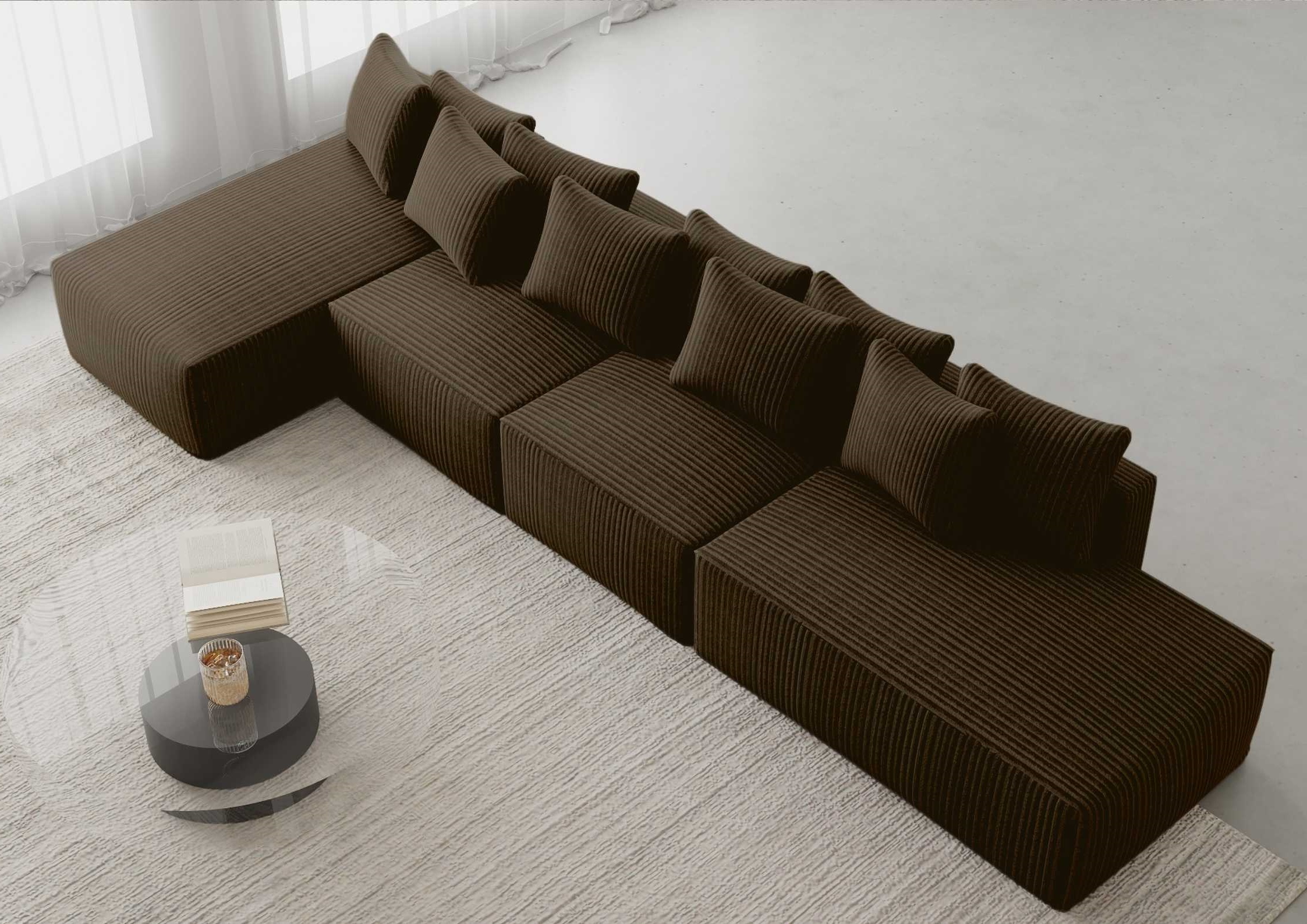 Duży narożnik wolnostojący z funkcją spania materiał sztruks kolor brązowy